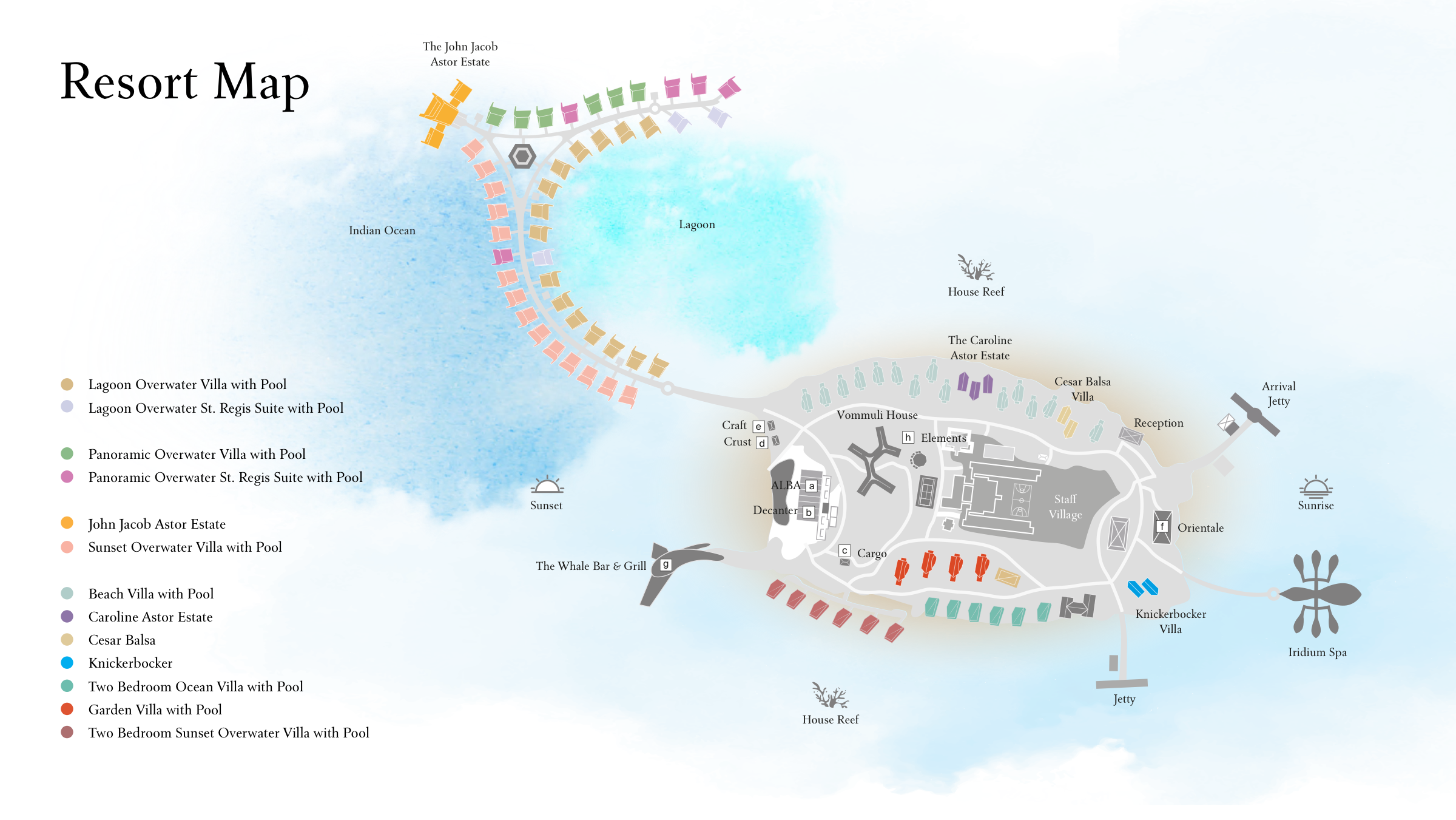 The St. Regis Maldives Vommuli Resort — island layout map showing villa categories and shared spaces