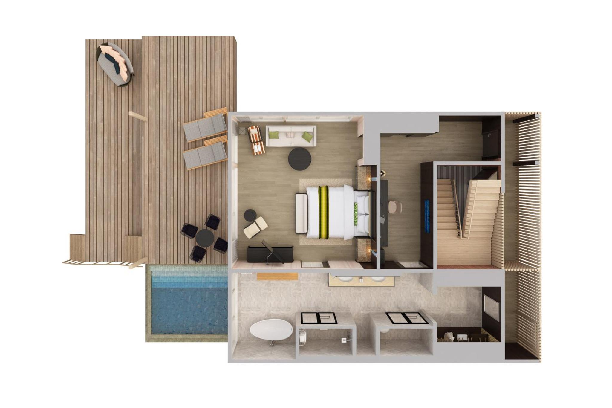 Floor plan — lower deck with master suite, bath and pool